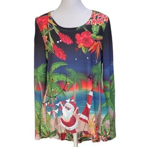 One World Santa On The Beach Tropical Christmas Top Sz PL Beaded Hi Low Hem